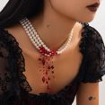 thumbnail image 3 of NICKSUN Women Multi‑Strand Imitation Pearl Statement Necklace, Floating Red Bead Tassel Neck Collar, Gothic Beaded Costume Jewelry for Halloween Cosplay Evening Party, 3 of 9