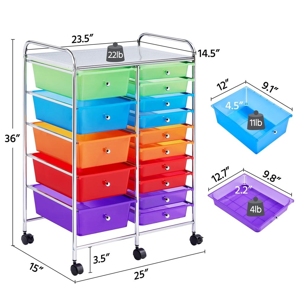 Yaheetech 15 Drawers Rolling Storage Cart Bin Organizer Metal Frame Plastic Drawers, Multicolor