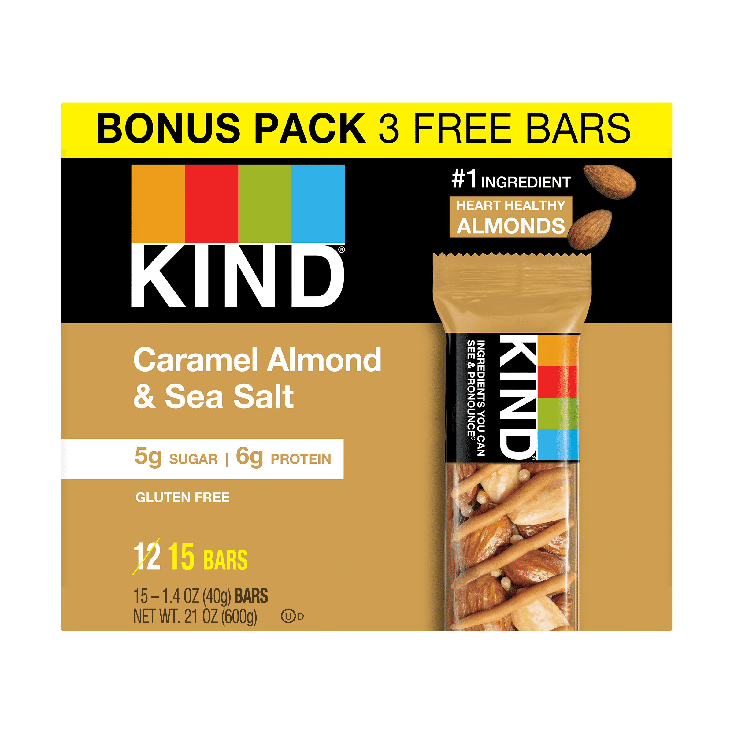 KIND Bars, Caramel Almond & Sea Salt, Gluten free, 1.4 oz, 15 Snack Bars