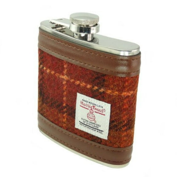 Harris Tweed Hip Flask- Brown with Orange Overcheck