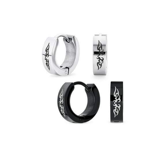 Bling Jewelry Mens Set of 2 Laser Etched Angel Wings Mini Hoop Huggie Earrings Stainless Steel