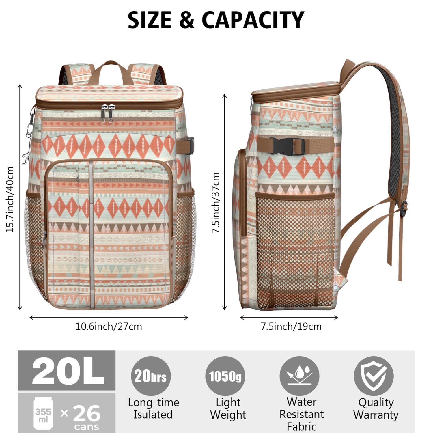 Travel Cooler Bag - Boho Bohemia Pioneer Flower Geometric Line Art Camping Beer Cooler Backpack with Bottle Opener- Waterproof Insulated Picnic Backpacks - Cooler Bag for Beach