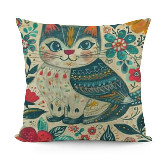 SHANXI Cat Pillow Cushion Cover , Pet Birds Flower Leaf Trees Spring Ornate Illustration, Decorative Square Accent Pillow Case, Ivory Teal 12x12in