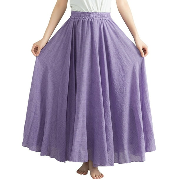 Falda larga de corte A de color liso para mujer - Falda media con cintura elástica, 95 cm de largo, mezcla de poliéster, tallas reales - S-XXL