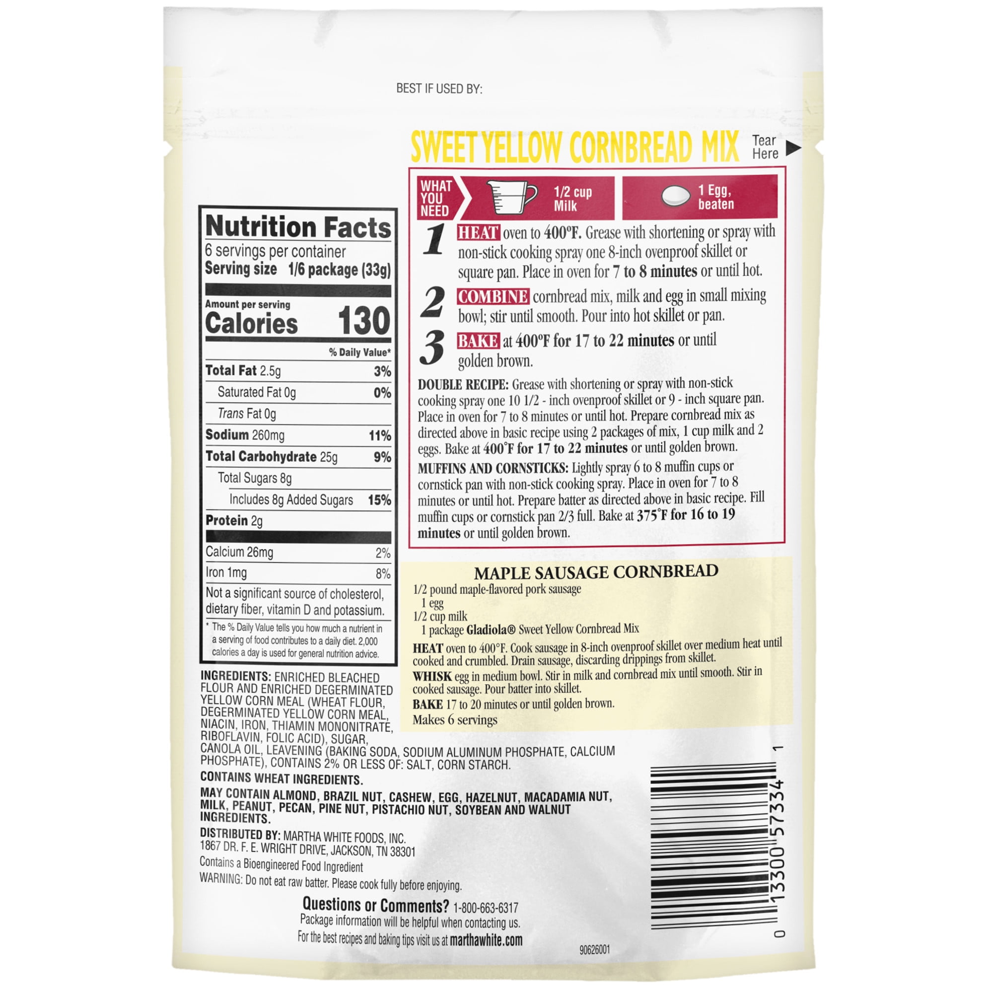 (4 pack) Martha White Gladiola Sweet Yellow Cornbread Mix, 7 oz Pouch