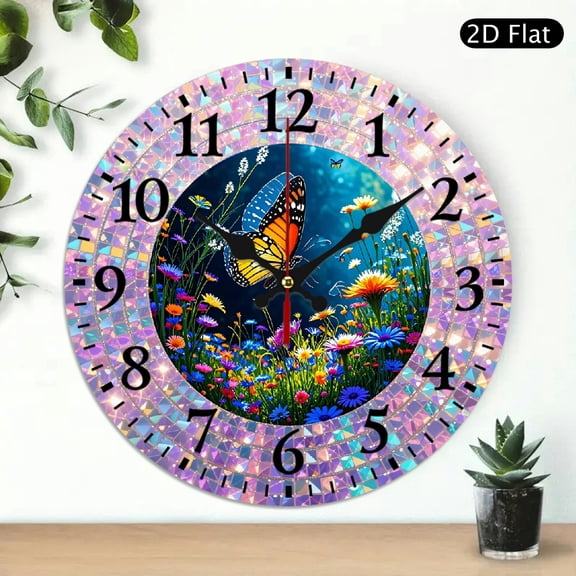 Whimsical Twilight Meadow Butterfly Wall Clock Round 10x10 Inch Decorative Home Decor Battery Not Included