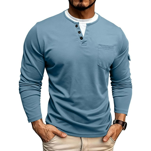 pstuiky camisa de manga larga para hombre, Cárdigan informal de dos piezas con cuello en V falso, botones y mangas largas con bolsillos para hombre Tops de hombre xl
