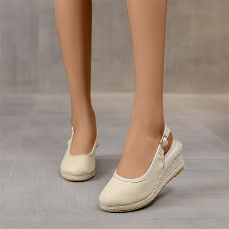 

mtvxesu Slides Women Women s High Heels Shoes Linen Straw Sandals Wedges Casual Canvas Dress Slippers Women s Slide Sandals Beach Holiday Final Markdown