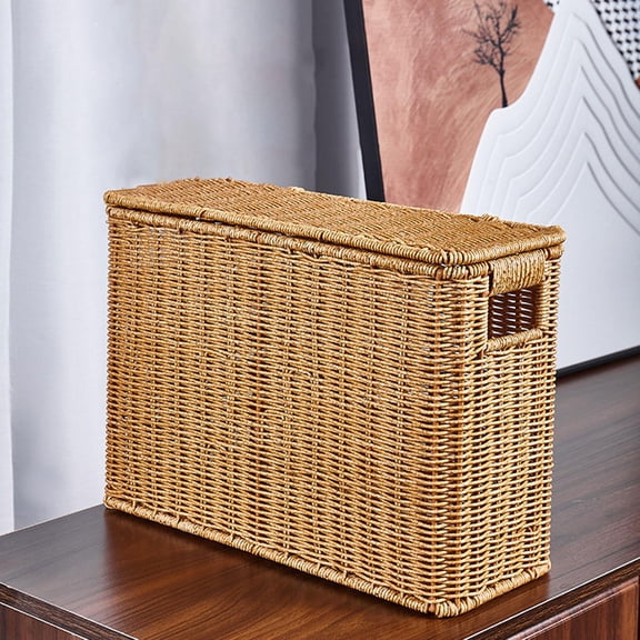FytStycale Storage Box Decorative Woven Storage Basket with Lid Space Saving Tall Plastic Organizer for S