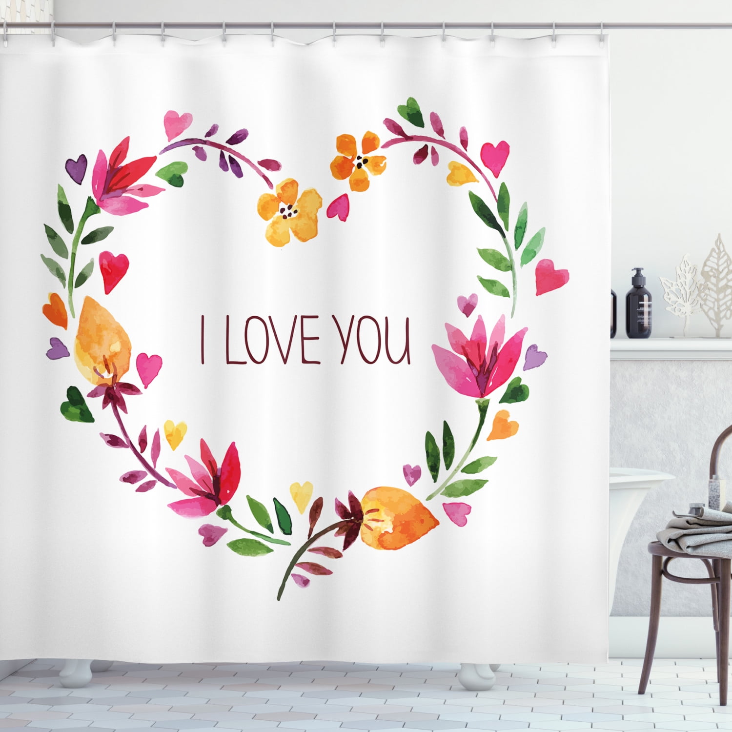I Love You Shower Curtain, Romantic Themed Text in Heart Shaped Cute