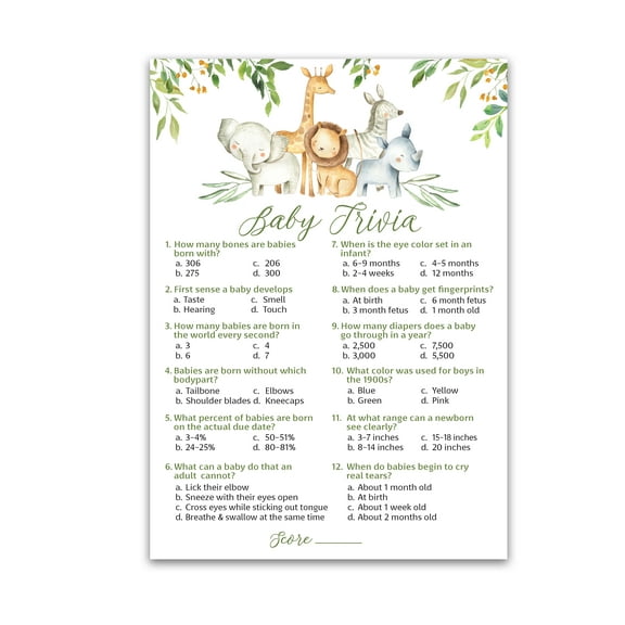 SAFARI ANIMALS Baby Shower Game — BABY TRIVIA Game — Pack of 25, Country Rustic JUNGLE THEME Baby Shower Games, Welcome to the Wild Shower GENDER NEUTRAL, Fun Baby Facts Game Shower Activity G550-TRV