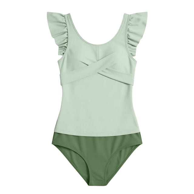 FYEGRE Girls Bathing Suit Two Piece Ruched Long Sleeve Rash Guard Print Design Swimsuit Green 11-12 Years
