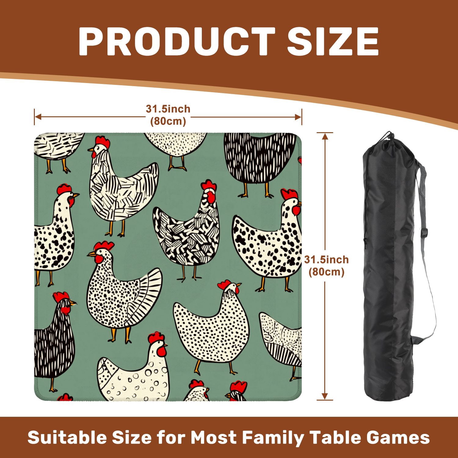 Mahjong Mat 31.5" x 31.5" seamless hand drawn chickens Beautiful ink drawing Non-Slip Noise Reduction American Mahjong Tiles Table Cover for Dominoes Poker Card Board Games Gift