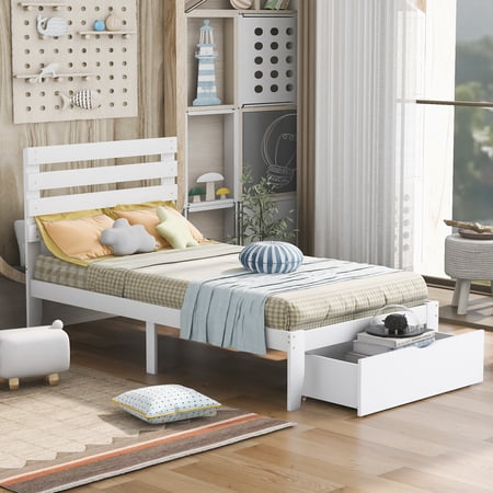 CLEARANCE! Twin Size Platform Bed with Drawer  White