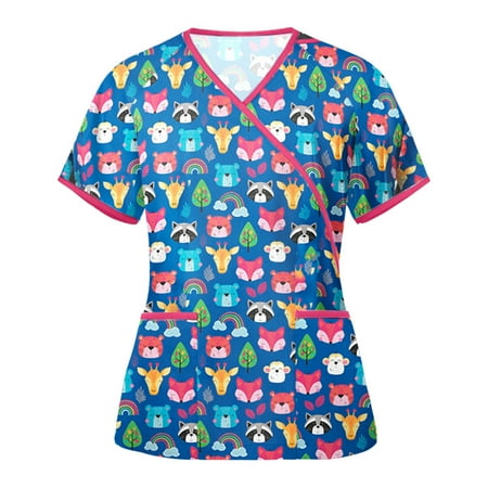 

Danhjin Womens Nursing Scrub Tops Printed Working Uniform Short Sleeve V-Neck Workwear Blouse T-shirt with Pockets Scrubs - Summer Savings Clearance
