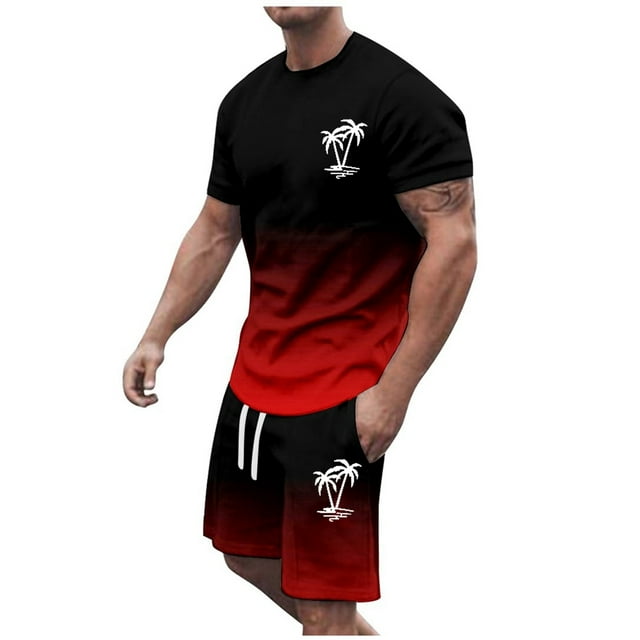 Men's Suits Product Catalog Summer Track And Field Suit For Men In Plus Size Short Sleeves O Neck Sport Set With Casual Coconut Print— Lightweight Comfort For Warm Weather Wear