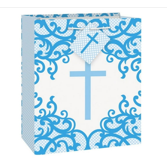 Unique Fancy Blue Cross Gift Bag, Medium, 1 Ct, Glossy, Woven Handle