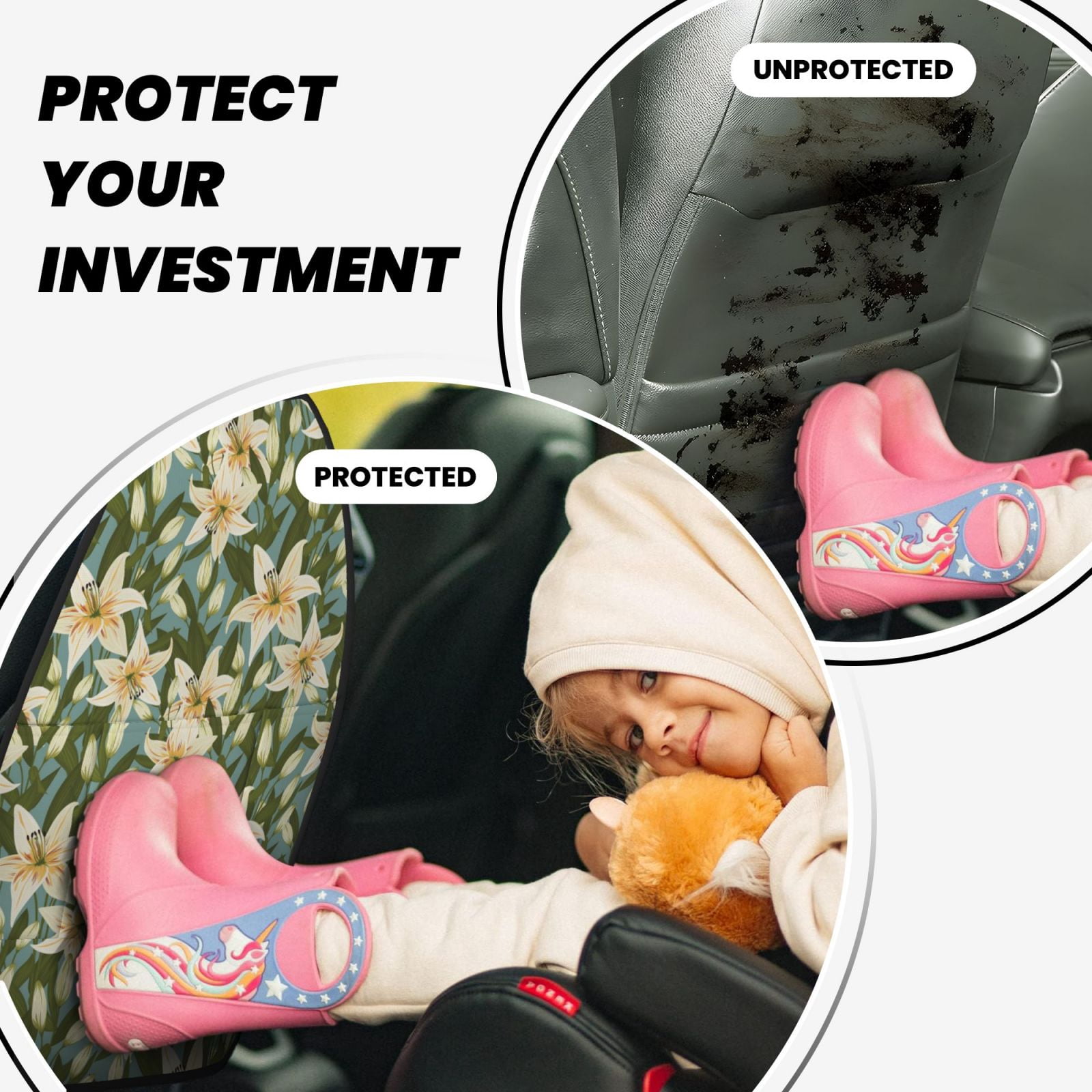 Xecao Lilies Flowers Pattern Car Seat Back Protector 2 Pack Large Capacity Pocket, Kick Mats Back Seat Protector