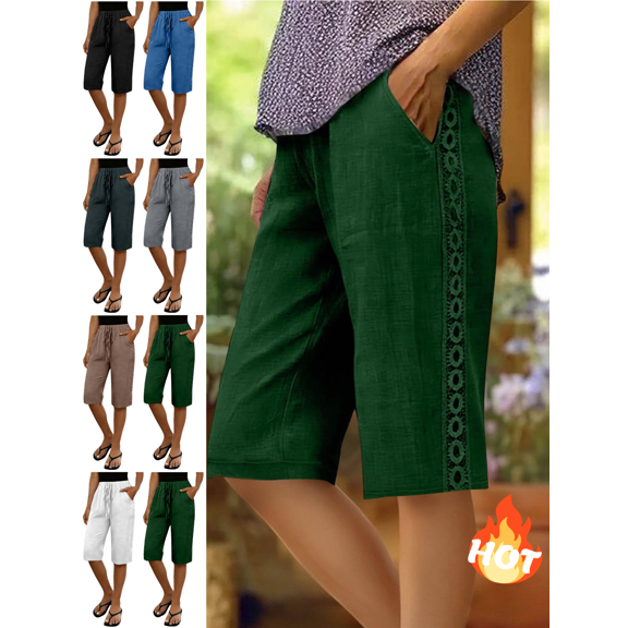 Mifsaly Linen Bermuda Shorts for Women Knee Length Casual Summer Shorts with Lace Detail Side Pockets Lightweight Relaxed Fit Daily Wear Vacation Outfits Army Green,L