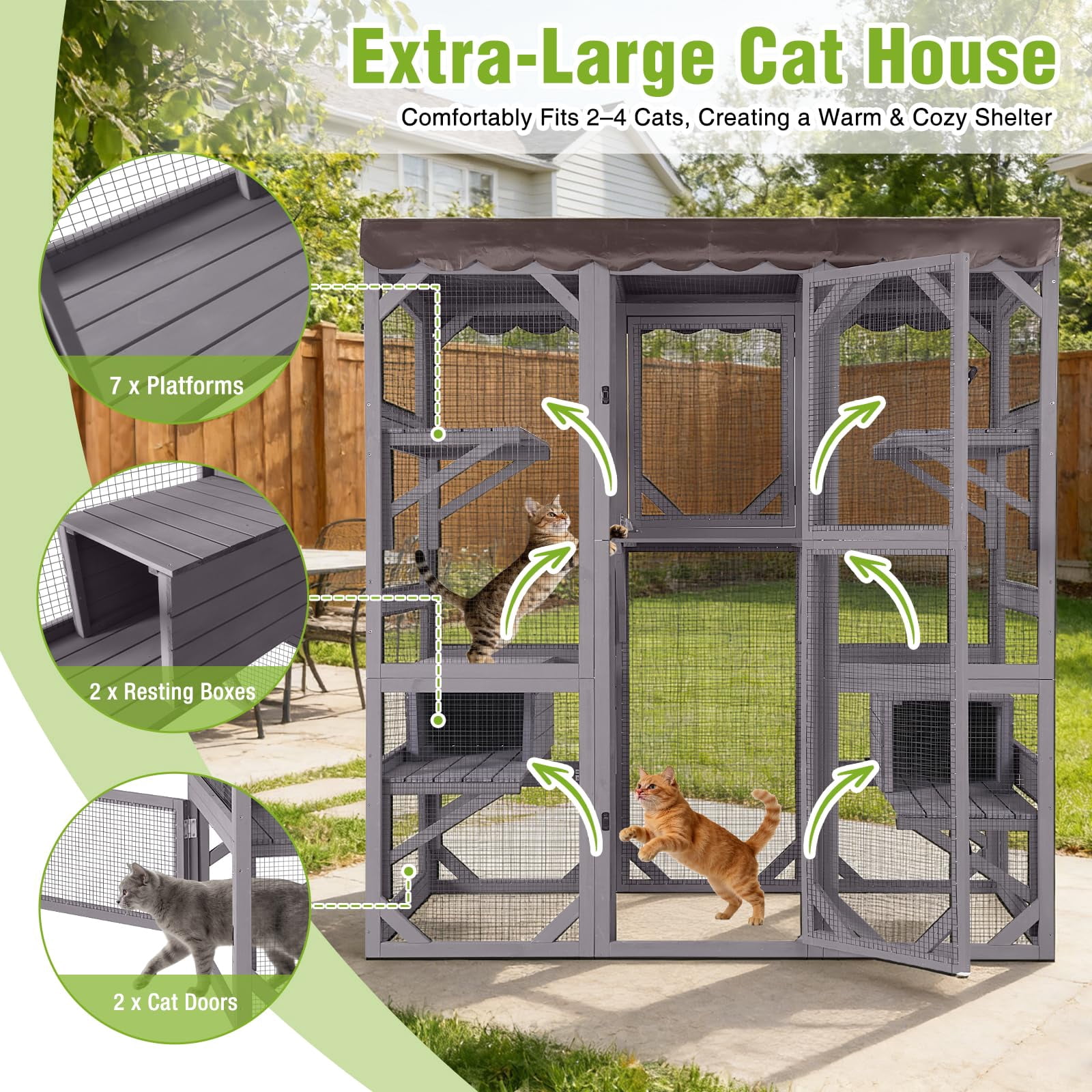Aivituvin 70" Walk-In Outdoor Catio, Large Wooden Cat House with 7 Climbing Platforms and 2 Resting Boxes, White/Gray