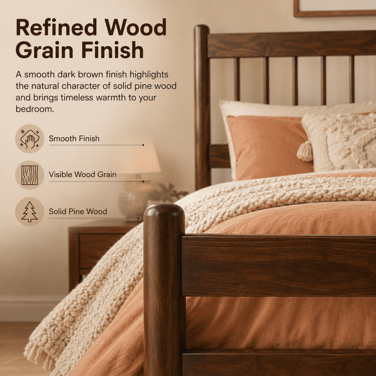 Miniyam Queen Pine Wood Platform Bed Frame with Spindle Headboard, 9.8" Underbed Storage, Walnut