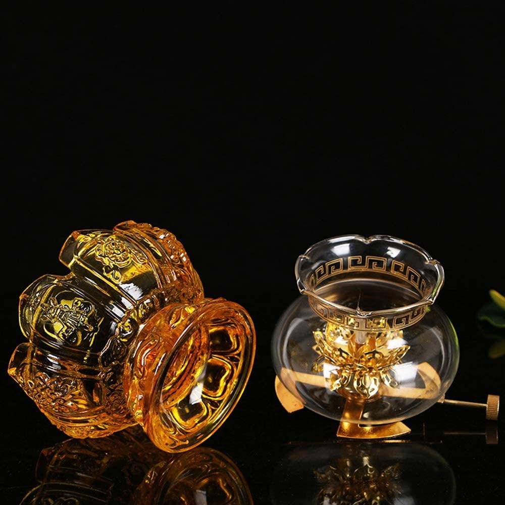 CATPAN Oil lamp Indoor use Glass Crystal Glass Lotus lamp Holder Household Buddha headlamp Kerosene lamp Ultra-Pure Paraffin lamp Oil Candle Holder Lantern（White）