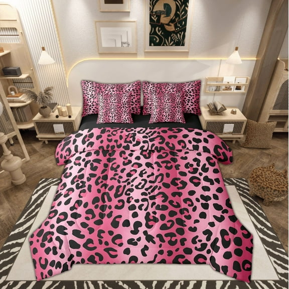Erosebridal Pink Animal Print Bed in a Bag Twin size Women, Leopard Cheetah Comforter Sets with Sheets, Reversible 7pcs