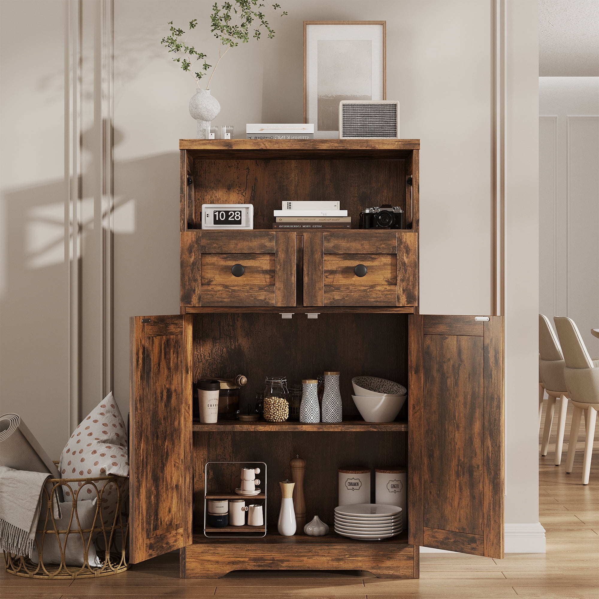 Farmhouse Storage Cabinet with Drawers and Shelves, Freestanding Kitchen Pantry Storage Cabinet, Floor Storage Cabinet Hutch Cupboard for Dining/Living Room/Home Office, Rustic Brown