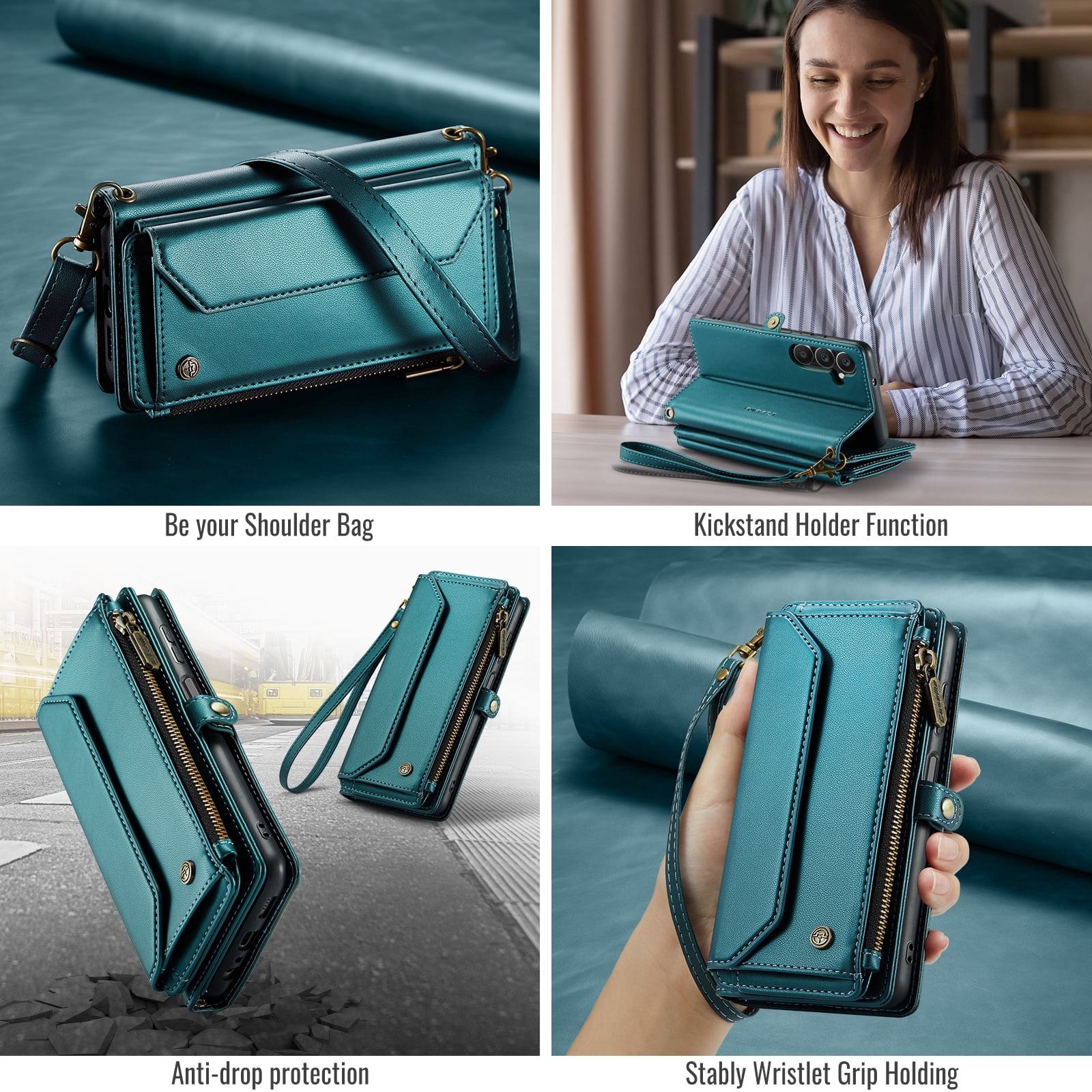 for Samsung Galaxy A16 5G Wallet Case with 10 Card Slots Zipper Pocket,PU Leather Magnetic Flip Folio Wristlet Shoulder Strap 3-in-1 Crossbody Phone Case Wallet for Women Men,Green