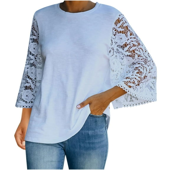 Womens Crochet Lace 3/4 Sleeve Tops Casual Solid Crewneck T Shirts Tops Dressy Casual Loose Comfy Basic Blouses Tunic Tee