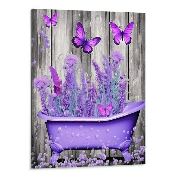 Creowell Lavender Bathroom Decor Wall Art Purple Farmhouse Pictures for Wall Rustic Butterfly Bathtub Artwork Vintage Country Bathroom Grey White Painting Framed Bath Laundry Decorations 16"x20"in