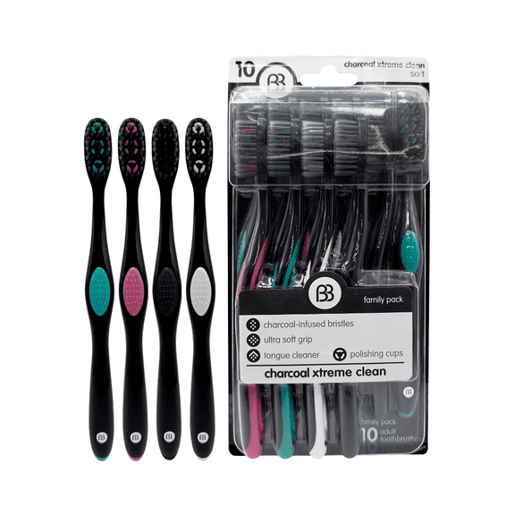 Brush Buddies Xtreme Clean Charcoal Toothbrushes with Soft Bristles, 10 Pack