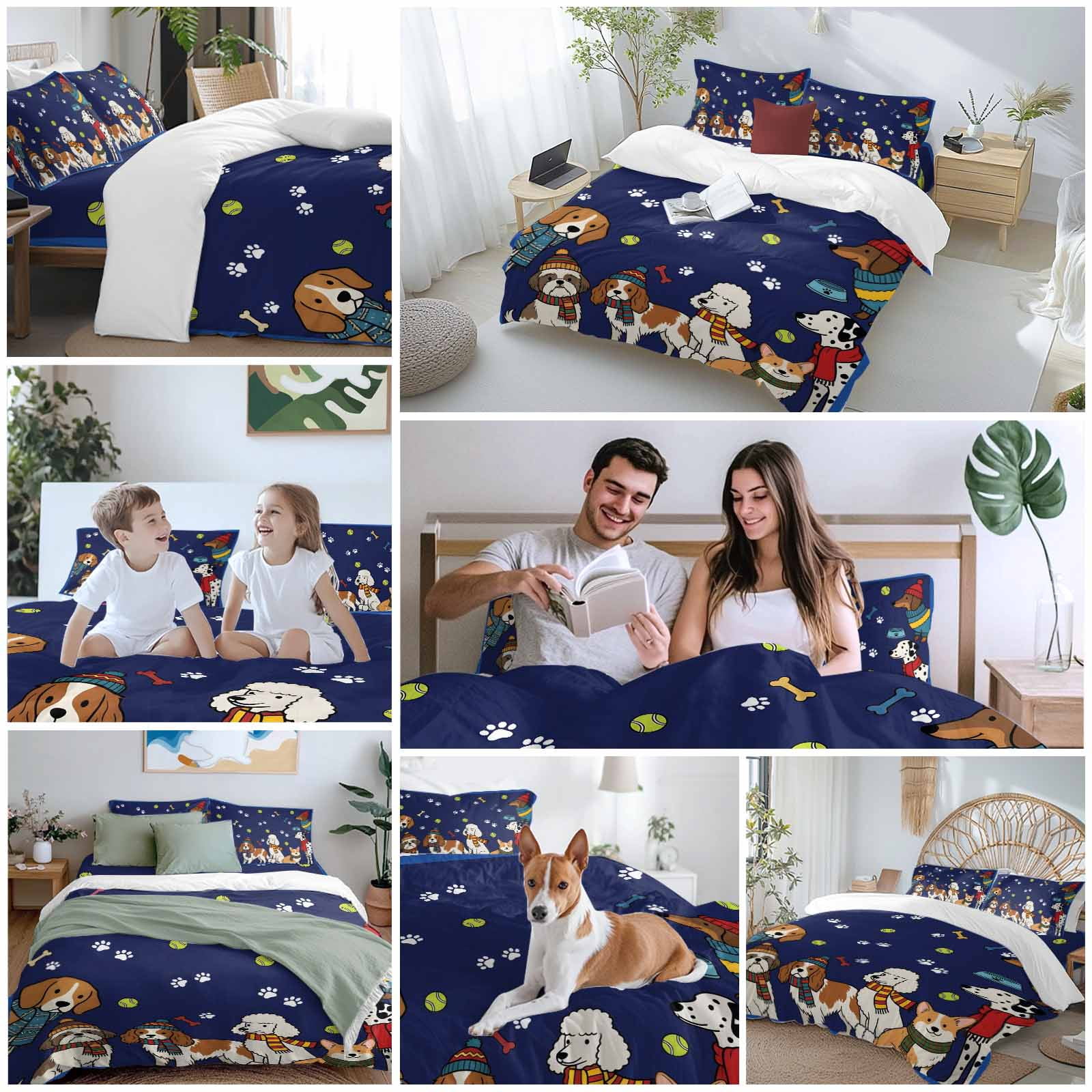 Cartoon Puppy Duvet Cover Set Queen Size, Dag Paw Print Bone Balls Navy Background 4 Piece Bedding Set with Zipper Closure & Corner Ties Soft Breathable Comforter Cover for Bedroom