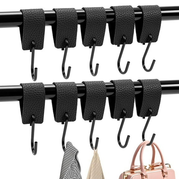 S Hooks, Pack of 10 S Hooks with Leather Loop,Hooks for Clothes Rail, Window Hooks for Hanging, Coat Hooks,for Home,10 x Hook,Black