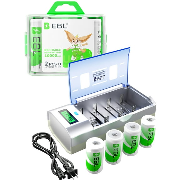 EBL Rechargeable D Batteries (6-Pack) with Battery Charger for 9V AA AAA C D Cell Batteries