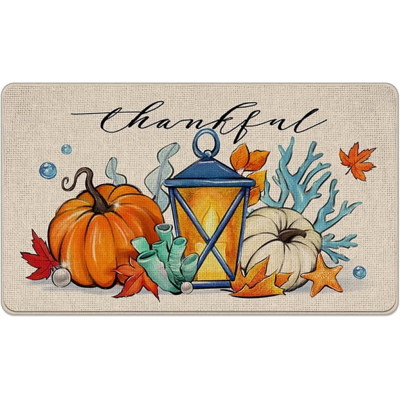 Thankful Thanksgiving Pumpkin Decorative Front Door Mat, Fall Lantern Beach Coastal Doormat Indoor Outdoor Non-Slip Floor Entryway Rug, Autumn Nautical Home Kitchen Decoration 16x24 inch