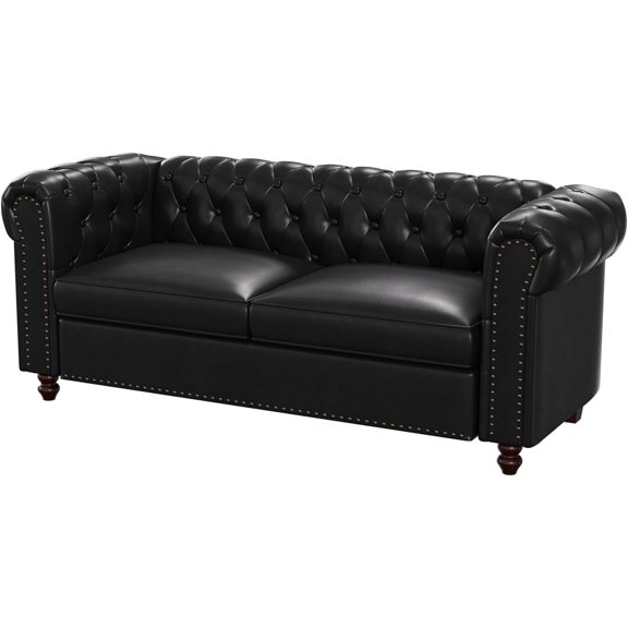 62 Inch Black Chesterfield Faux Leather Sofa with Rolled Arms for Living Room and Office