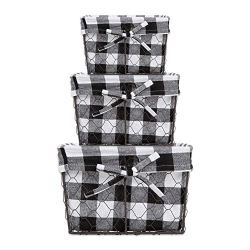 DII Z02322 Vintage Food Safe Metal Chicken Wire Storage Baskets with Removable Fabric Liner for Home Decor or Kitchen Use Assorted Set of 3 Black & White Check