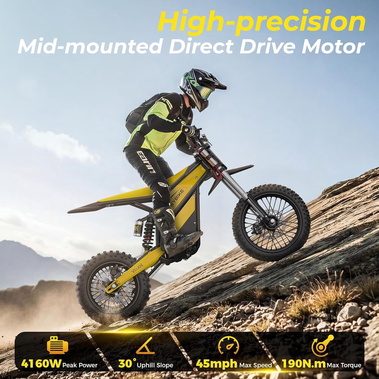 Heybike Villain Electric Dirt Bike for Adults, 52V 26AH Battery Ebike, 14"/12" Fat Tire Electric Motorcycle for Teens, UL 2849
