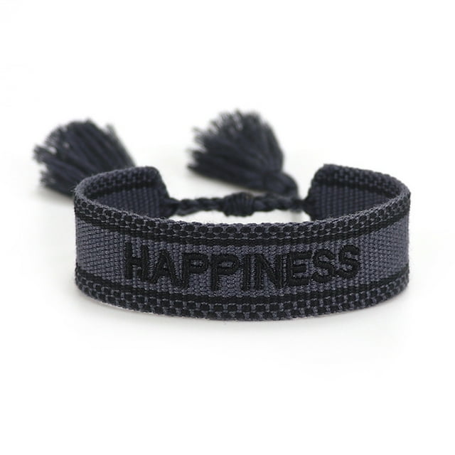 kurtrusly Bracelets Adjustable Handwoven With Embroidered Character Detail Manual Edge Locking Adjustable Rope Deep Blue Happiness
