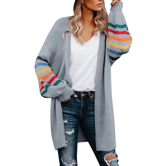 Skpblutn Women'S Cardigan Sweaters Winter Fall Casual Comfortable Tops Over Plus Size Warm Rainbow Stripe Print Open Front Fashion Outwear Neck Long Sleeve Knit Sweater Coats Grey L