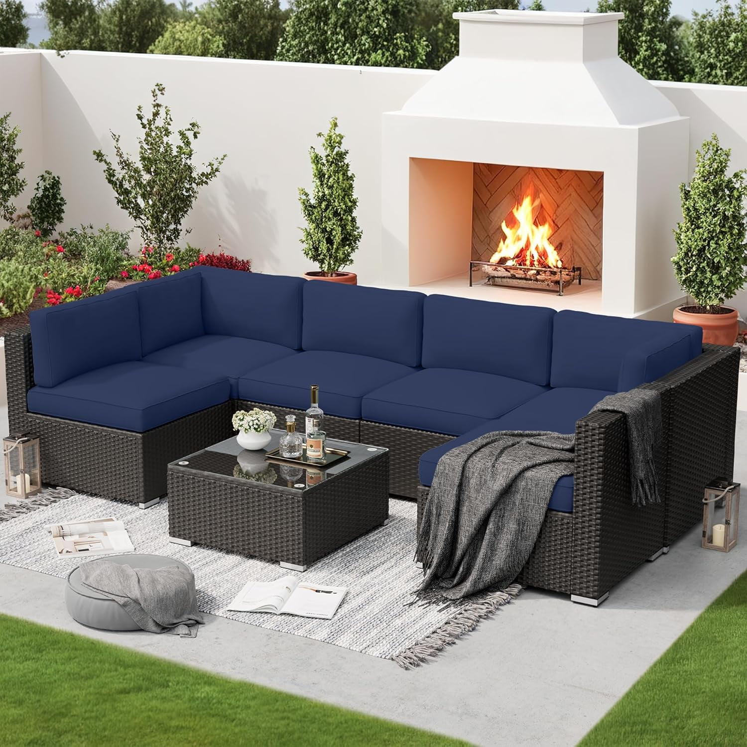 SUNCROWN 7-Piece Outdoor Patio Furniture Sofa Set All-Weather Black Wicker Sectional Cushioned Washable Seat Conversation Set with Modern Glass Coffee Table and Cushions (Dark Blue)