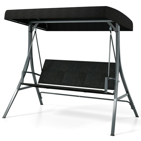 Gymax 3-Person Porch Swing w/ Stand w/ Rattan Seat Back Metal Frame Adjustable Shade