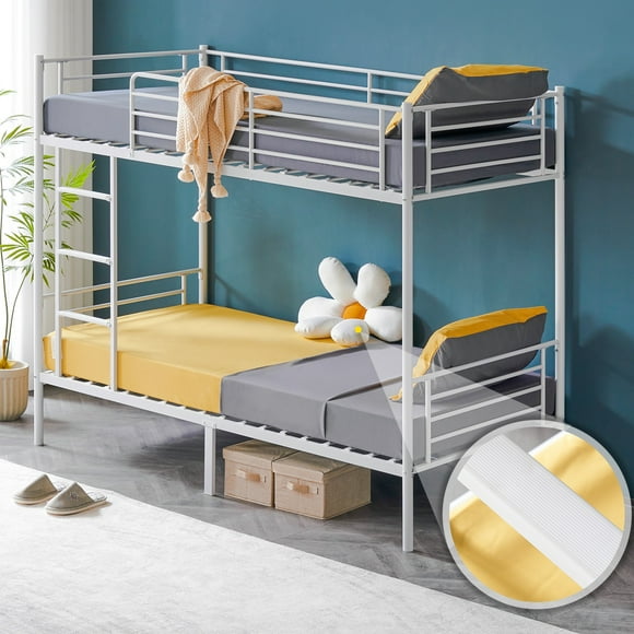 Ktaxon Lit Superposé Amélioré Simple sur Simple, Cadre de Lit en Métal avec Échelle à Marches Plates pour Enfants Ados Adultes, Blanc