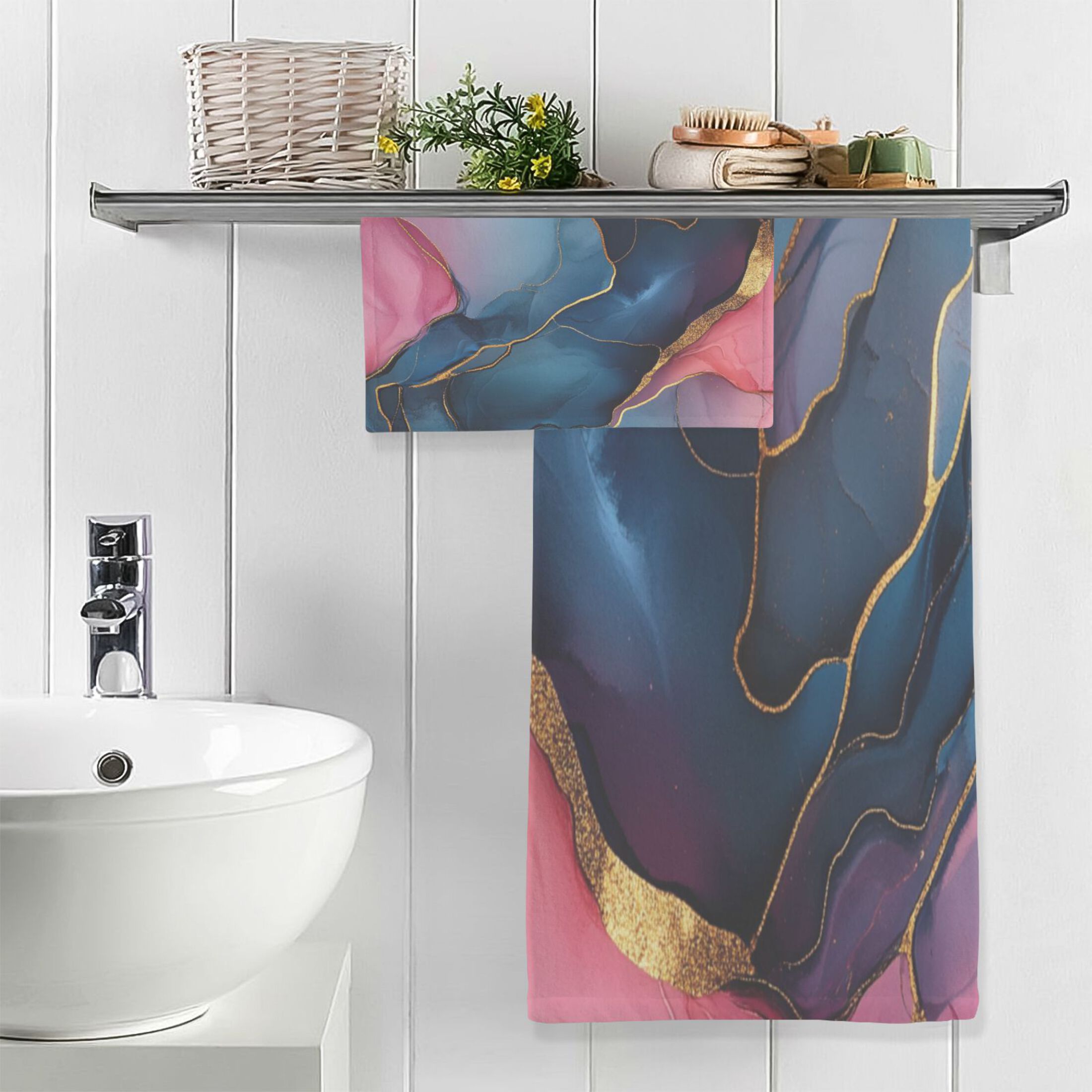 Qxltty Pink Gilt Marble Bath and Hand Towel Set 100% Cotton Towels for Bathroom Soft Durable and Absorbent