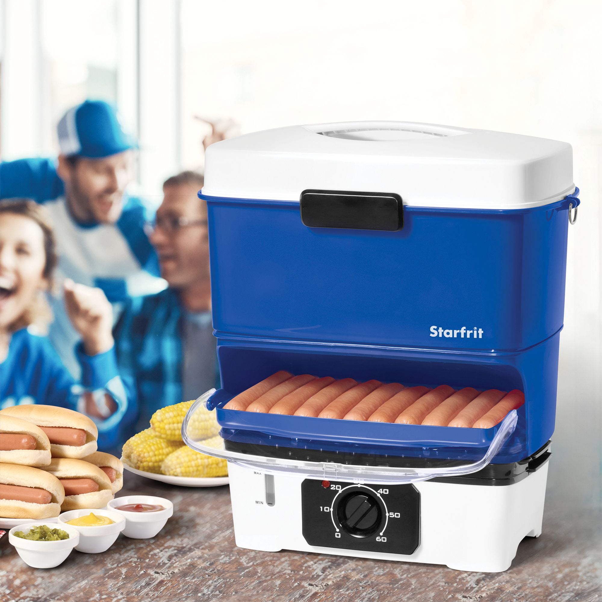 Starfrit Cuiseur Vapeur Électrique pour hot-dogs, Cuit jusqu'à 12 hot-dog à la fois, Composantes emboîtables pour un rangement facile, Édition spéciale bleu