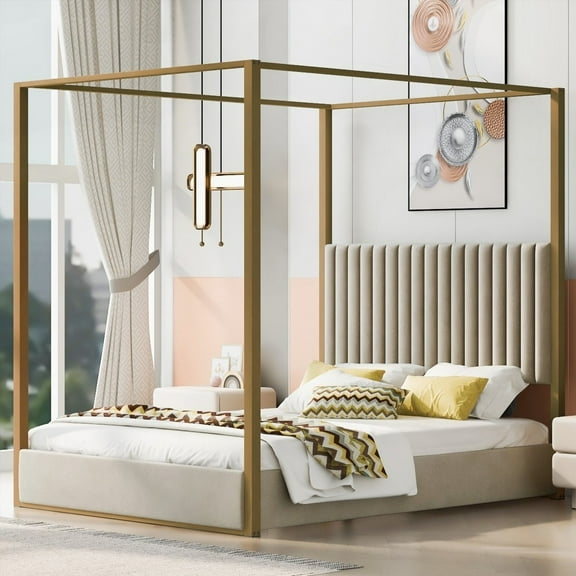 Beige Queen Size Upholstered Canopy Platform Bed Featuring Metal Frame and Headboard