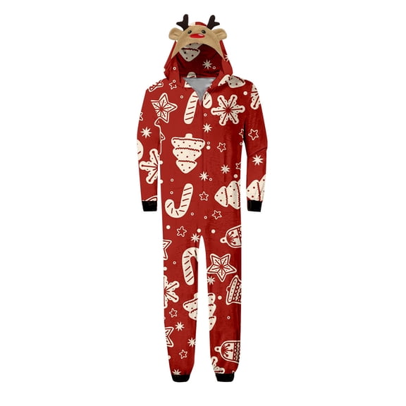 Generic Christmas Family Matching Pajamas Casual Xmas Parent Child Outfit Printed Jumpsuit Home Outfits Hooded Jumpsuit Hooded Zipper PJs Holiday Loungewear for Men/Women(M,Red-A)