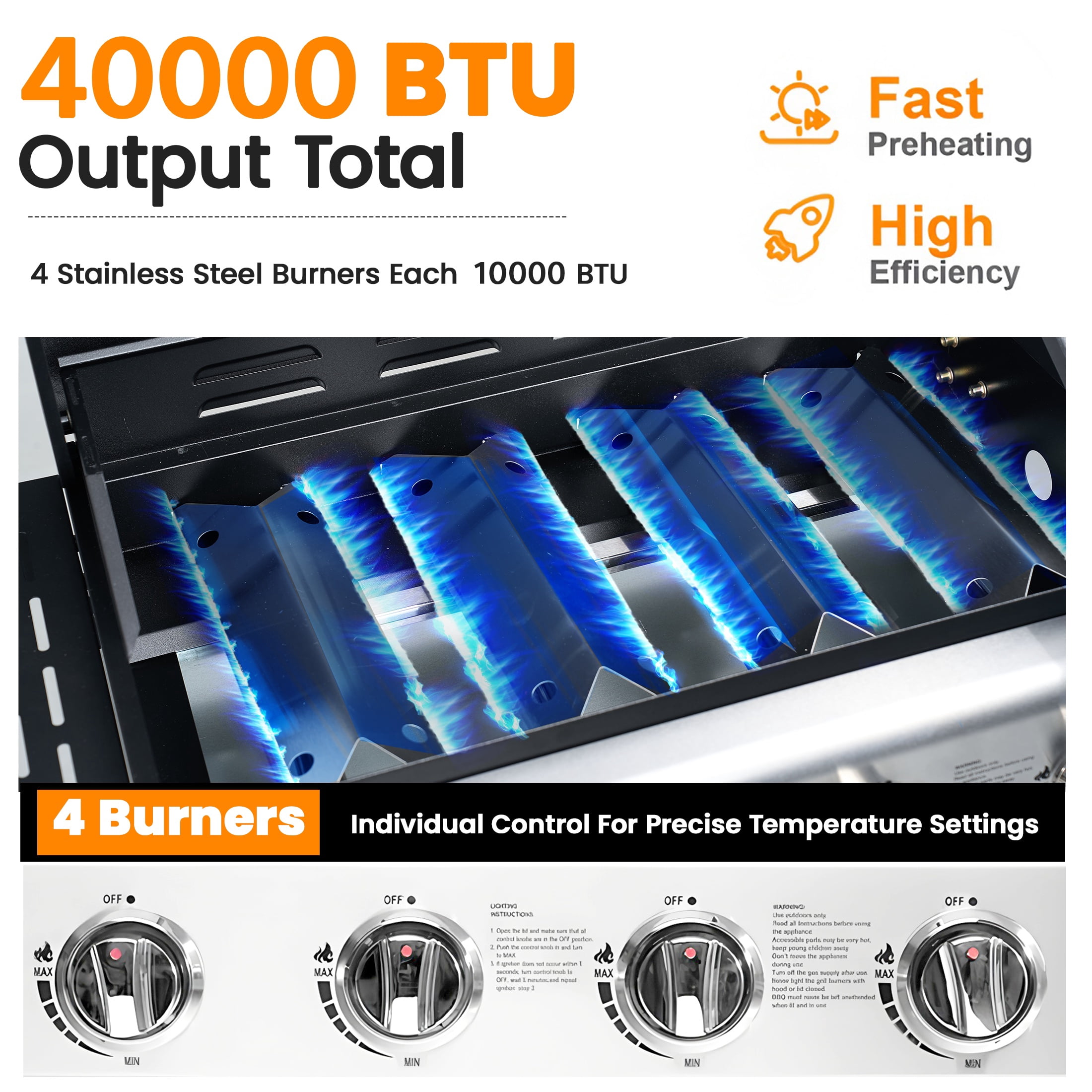Segmart 4 Burner BBQ Propane Gas Grill, Stainless Steel 40,000 BTU Patio Garden Barbecue Grill with Folding Side Tables, Hanging Basket & Thermometer, Perfect for Camping, Outdoor Cooking