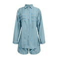 thumbnail image 6 of LYXSSBYX 2 Piece Sets for Women Summer Women Summer Striped Fashion Cardigan Long Sleeved Top+shorts Long Sleeved Round Neck Top/shirt Set, 6 of 7